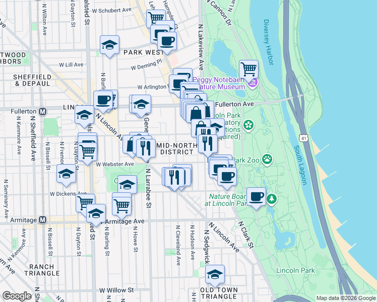 map of restaurants, bars, coffee shops, grocery stores, and more near 440 West Webster Avenue in Chicago