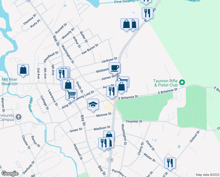 map of restaurants, bars, coffee shops, grocery stores, and more near 15 Oxford Street in Taunton