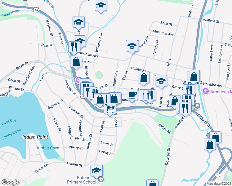 map of restaurants, bars, coffee shops, grocery stores, and more near 45 Elm Street in Winsted