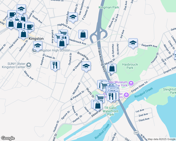map of restaurants, bars, coffee shops, grocery stores, and more near 156-160 Broadway in Kingston