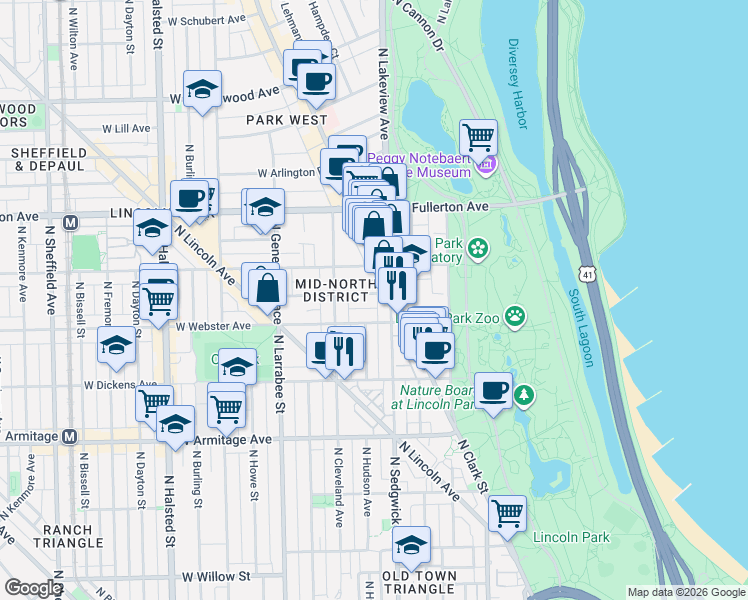 map of restaurants, bars, coffee shops, grocery stores, and more near 400 West Webster Avenue in Chicago