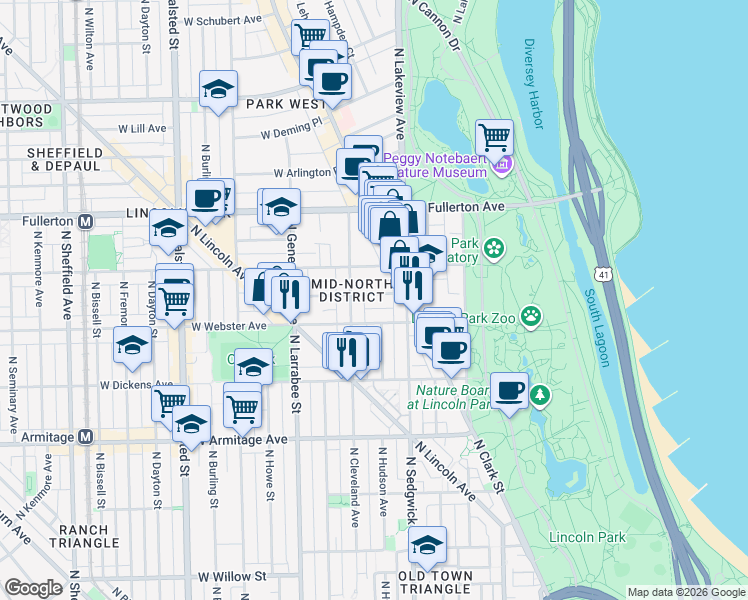 map of restaurants, bars, coffee shops, grocery stores, and more near 440 West Webster Avenue in Chicago
