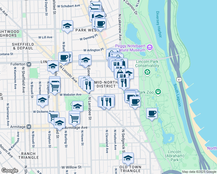 map of restaurants, bars, coffee shops, grocery stores, and more near 440 West Webster Avenue in Chicago