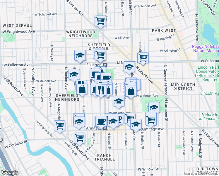 map of restaurants, bars, coffee shops, grocery stores, and more near 940 West Webster Avenue in Chicago