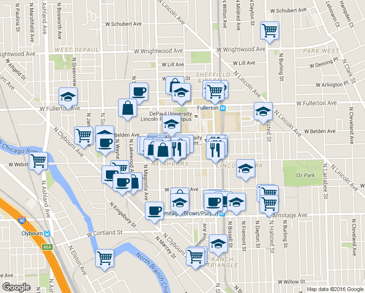 map of restaurants, bars, coffee shops, grocery stores, and more near 2201 North Clifton Avenue in Chicago