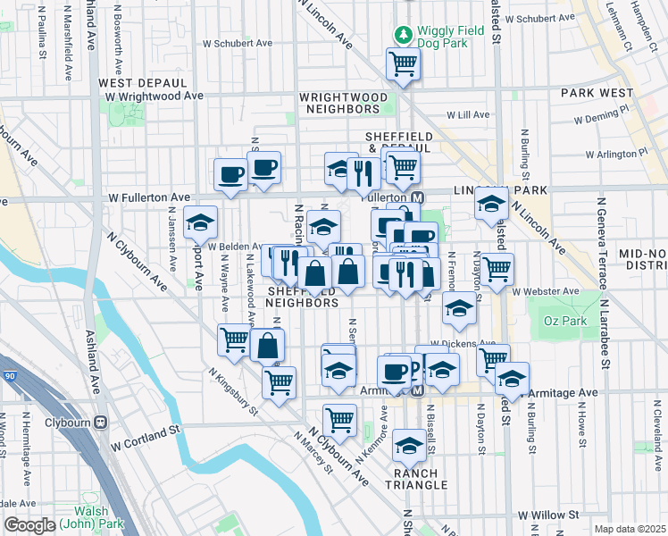 map of restaurants, bars, coffee shops, grocery stores, and more near 2201 North Clifton Avenue in Chicago