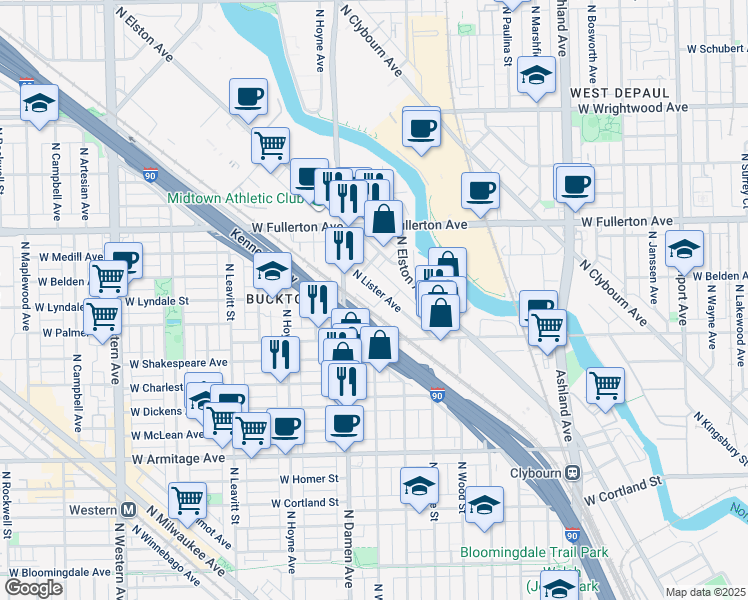 map of restaurants, bars, coffee shops, grocery stores, and more near 1363 West Webster Avenue in Chicago