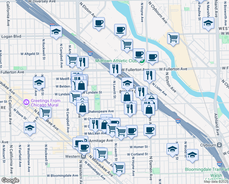 map of restaurants, bars, coffee shops, grocery stores, and more near 2221 North Leavitt Street in Chicago