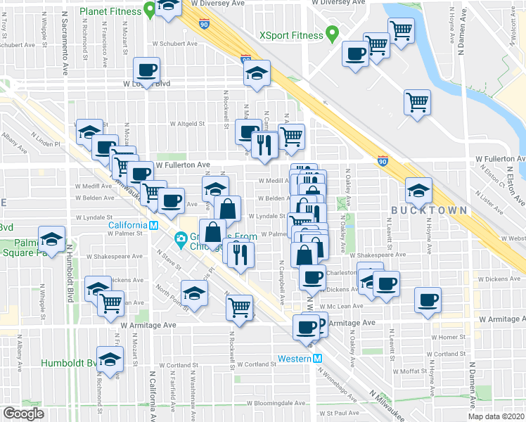 map of restaurants, bars, coffee shops, grocery stores, and more near 2516 West Palmer Street in Chicago