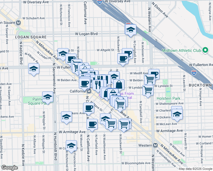 map of restaurants, bars, coffee shops, grocery stores, and more near 2249 North Milwaukee Avenue in Chicago