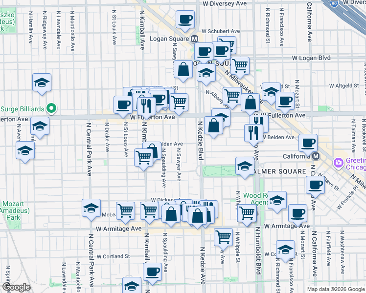 map of restaurants, bars, coffee shops, grocery stores, and more near 2228 North Kedzie Boulevard in Chicago