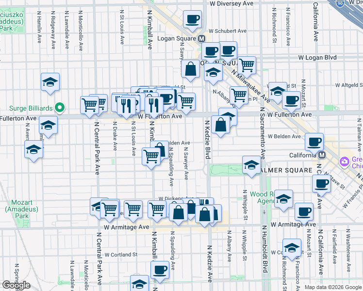 map of restaurants, bars, coffee shops, grocery stores, and more near 2228 North Sawyer Avenue in Chicago