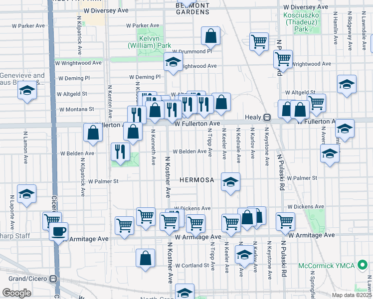 map of restaurants, bars, coffee shops, grocery stores, and more near 2243 North Lowell Avenue in Chicago