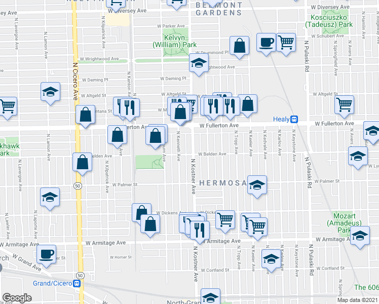 map of restaurants, bars, coffee shops, grocery stores, and more near 2242 North Kostner Avenue in Chicago