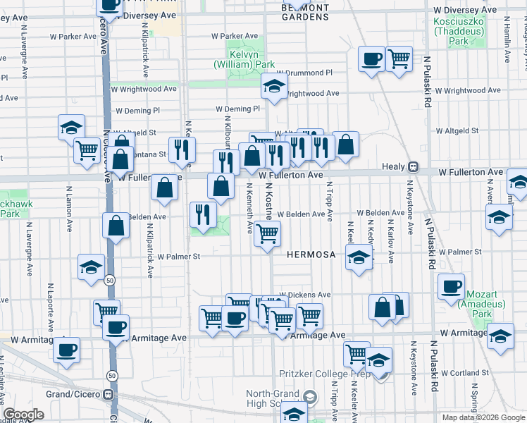 map of restaurants, bars, coffee shops, grocery stores, and more near 2242 North Kostner Avenue in Chicago