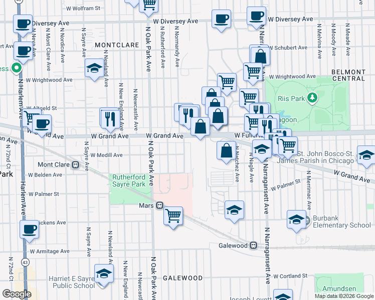 map of restaurants, bars, coffee shops, grocery stores, and more near 2325 North Normandy Avenue in Chicago