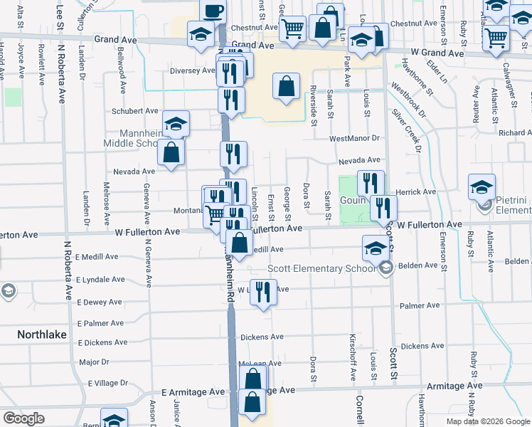 map of restaurants, bars, coffee shops, grocery stores, and more near 2400 Ernst Street in Franklin Park