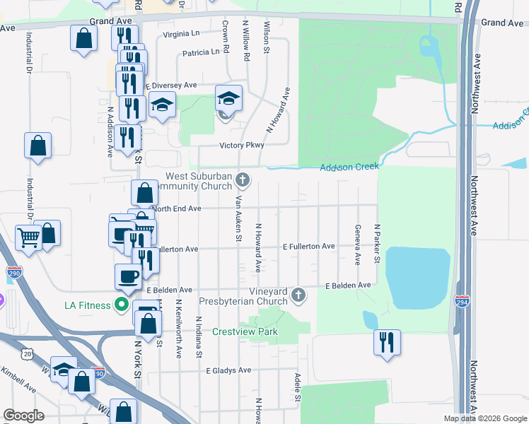 map of restaurants, bars, coffee shops, grocery stores, and more near 780 North Emroy Avenue in Elmhurst