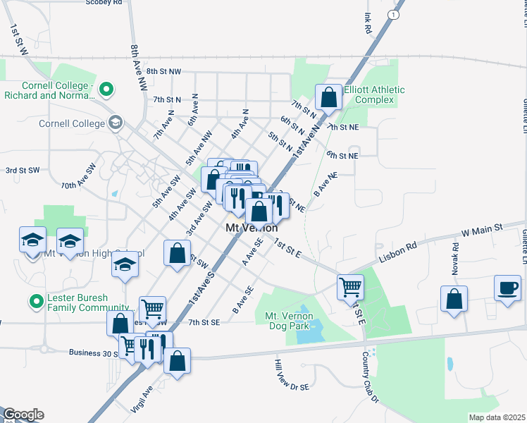 map of restaurants, bars, coffee shops, grocery stores, and more near 113 1st Street Northeast in Mount Vernon