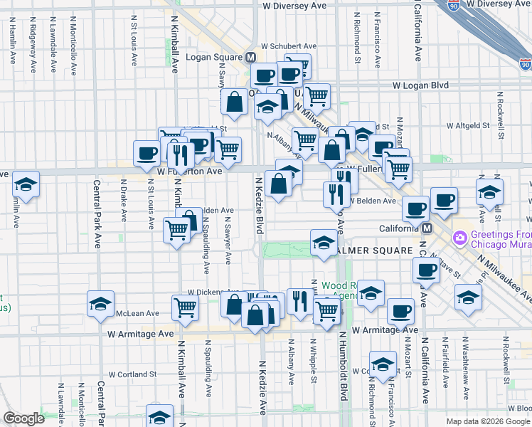 map of restaurants, bars, coffee shops, grocery stores, and more near 2325 North Kedzie Avenue in Chicago