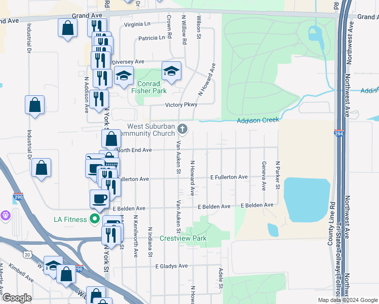 map of restaurants, bars, coffee shops, grocery stores, and more near 250 East North End Avenue in Elmhurst