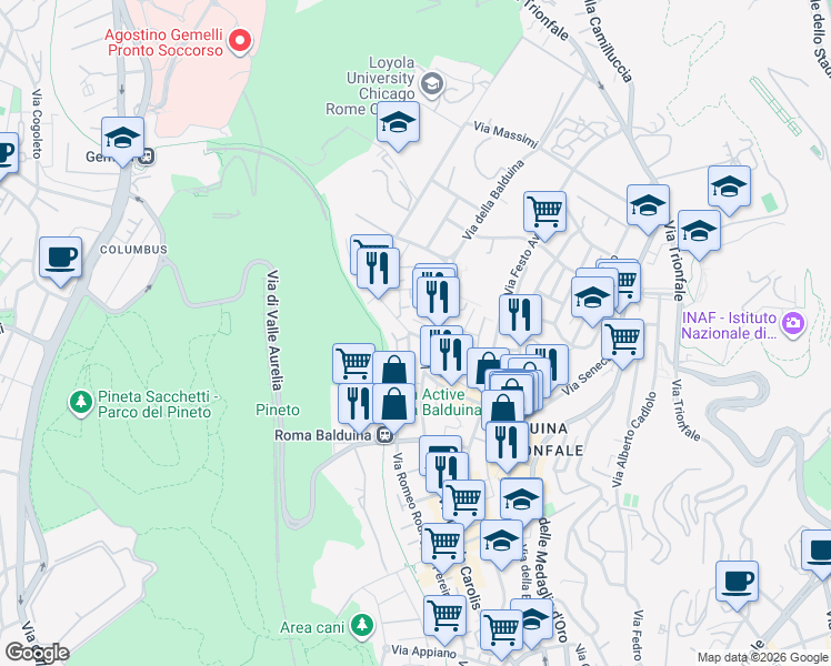 map of restaurants, bars, coffee shops, grocery stores, and more near 195-197 Via della Balduina in Rome