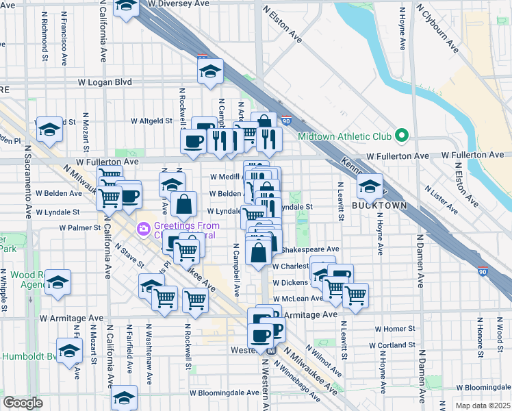 map of restaurants, bars, coffee shops, grocery stores, and more near 2424 West Palmer Street in Chicago