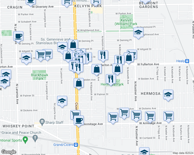 map of restaurants, bars, coffee shops, grocery stores, and more near 2300 North Knox Avenue in Chicago