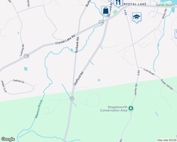map of restaurants, bars, coffee shops, grocery stores, and more near 25 Stafford Road in Ellington
