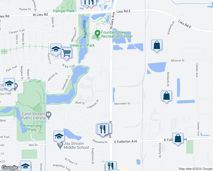 map of restaurants, bars, coffee shops, grocery stores, and more near 728 North Gary Avenue in Carol Stream
