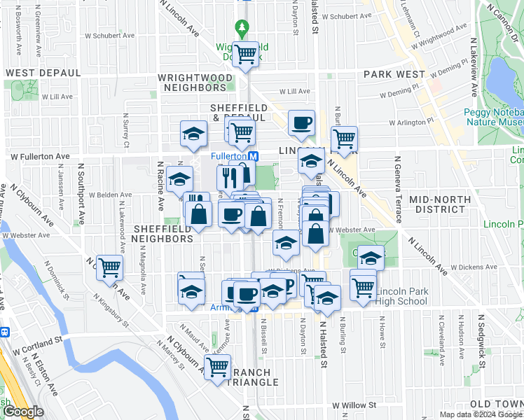 map of restaurants, bars, coffee shops, grocery stores, and more near 2231 North Bissell Street in Chicago