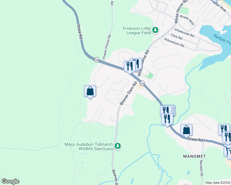 map of restaurants, bars, coffee shops, grocery stores, and more near 94 Old Field Road in Plymouth