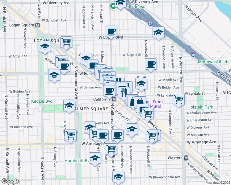 map of restaurants, bars, coffee shops, grocery stores, and more near 2293 North Milwaukee Avenue in Chicago