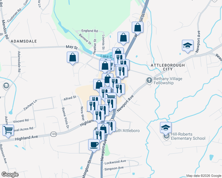 map of restaurants, bars, coffee shops, grocery stores, and more near 287 Washington Street in Attleboro