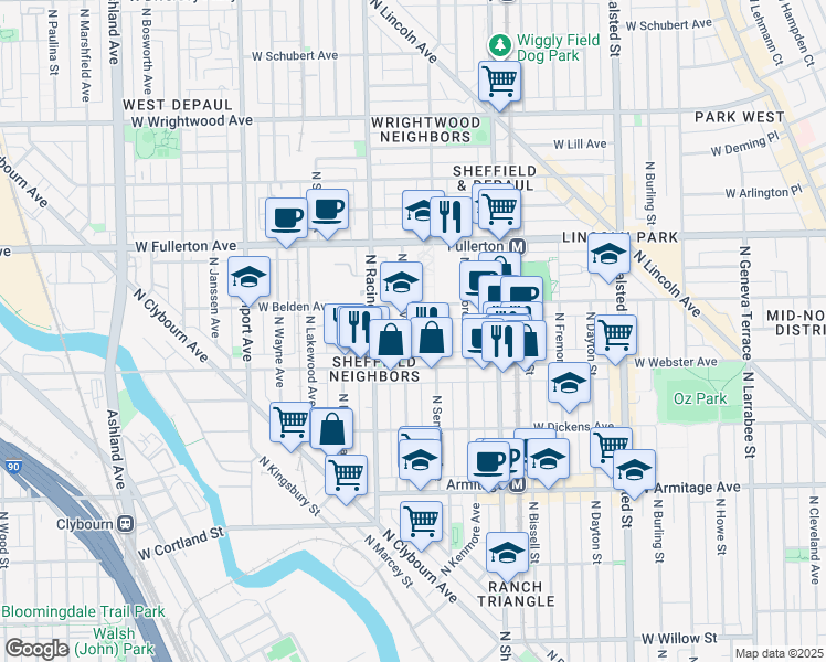map of restaurants, bars, coffee shops, grocery stores, and more near 2201 North Clifton Avenue in Chicago