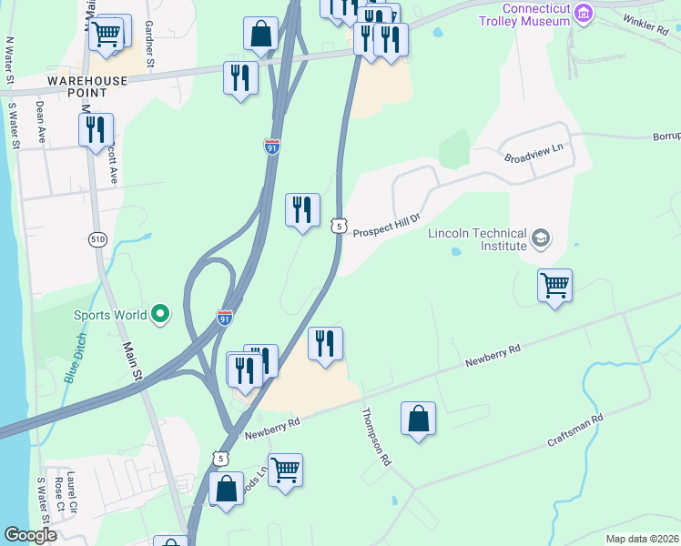 map of restaurants, bars, coffee shops, grocery stores, and more near 82 Prospect Hill Road in East Windsor