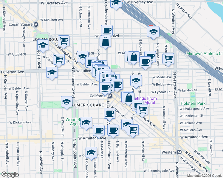 map of restaurants, bars, coffee shops, grocery stores, and more near 2733 West Belden Avenue in Chicago