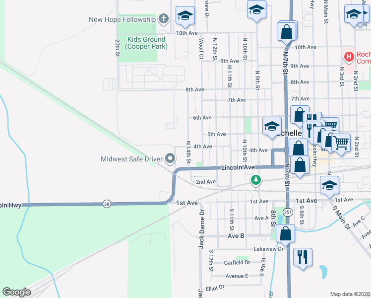 map of restaurants, bars, coffee shops, grocery stores, and more near 419 North 14th Street in Rochelle