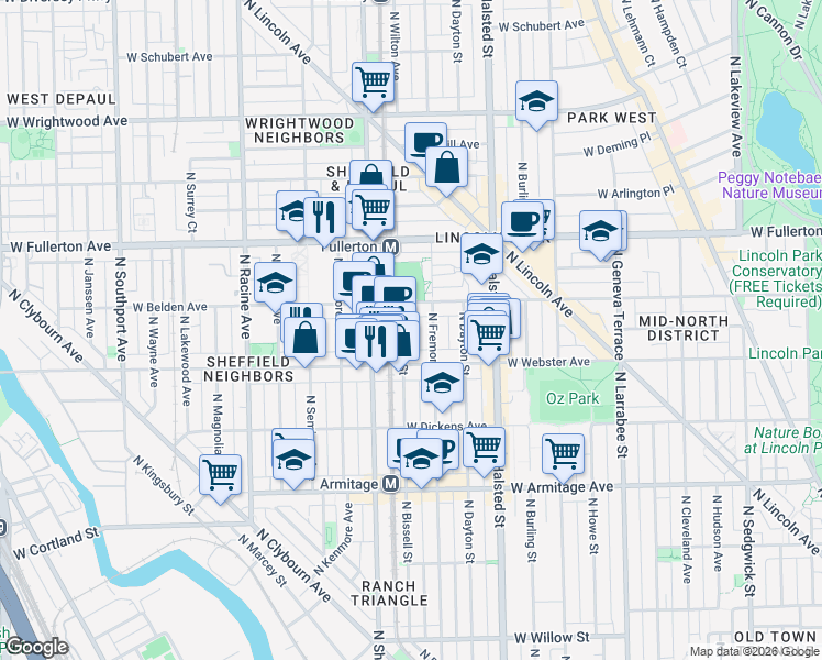 map of restaurants, bars, coffee shops, grocery stores, and more near 2233 North Bissell Street in Chicago