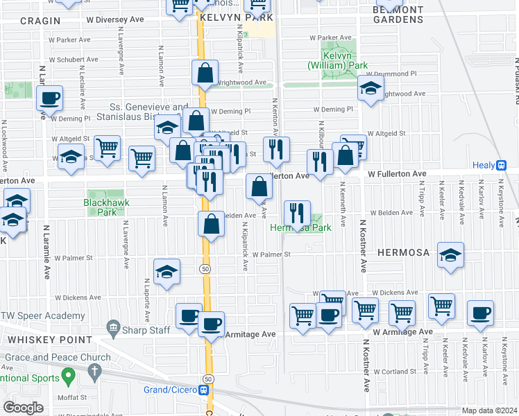 map of restaurants, bars, coffee shops, grocery stores, and more near 2304 North Knox Avenue in Chicago