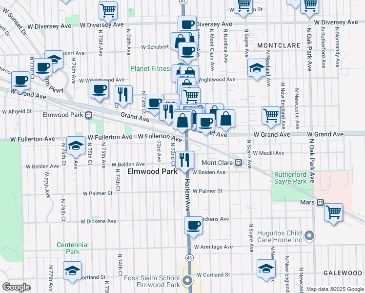 map of restaurants, bars, coffee shops, grocery stores, and more near 2330 North Harlem Avenue in Chicago