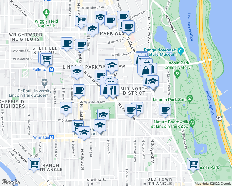 map of restaurants, bars, coffee shops, grocery stores, and more near N Geneva Terrace & W Grant Pl in Chicago
