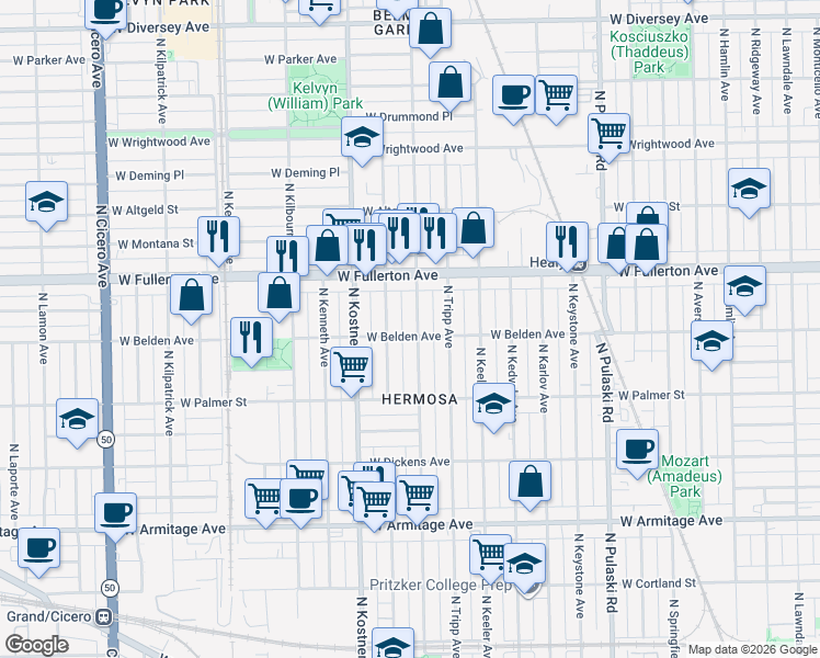 map of restaurants, bars, coffee shops, grocery stores, and more near 2331 North Lowell Avenue in Chicago