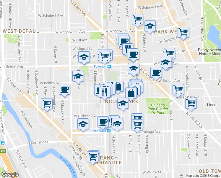 map of restaurants, bars, coffee shops, grocery stores, and more near 935 West Belden Avenue in Chicago