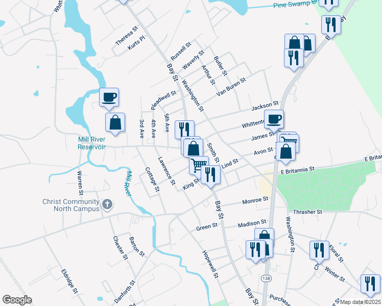 map of restaurants, bars, coffee shops, grocery stores, and more near 446 Bay Street in Taunton