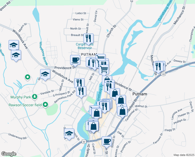 map of restaurants, bars, coffee shops, grocery stores, and more near 155 Connecticut 171 in Putnam