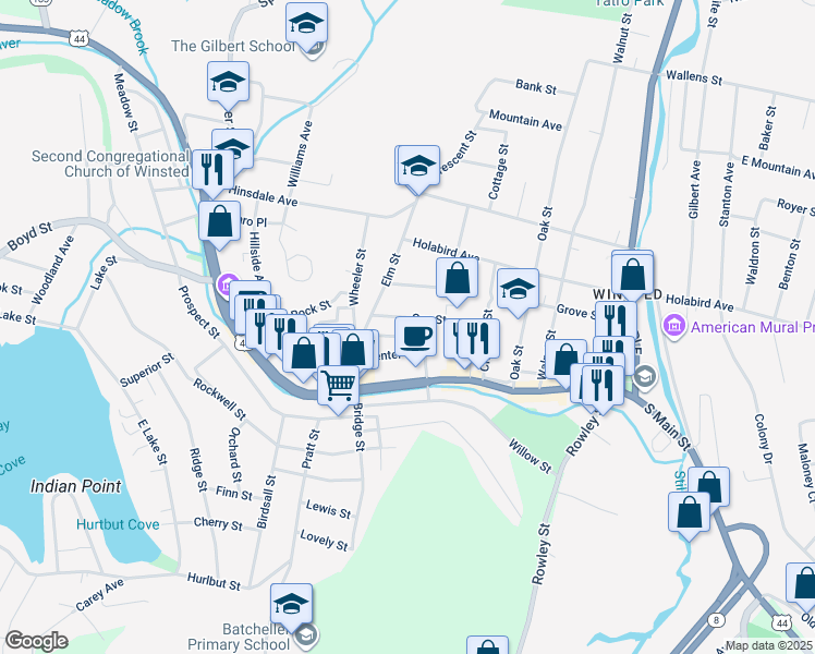 map of restaurants, bars, coffee shops, grocery stores, and more near 16 Perkins Street in Winsted