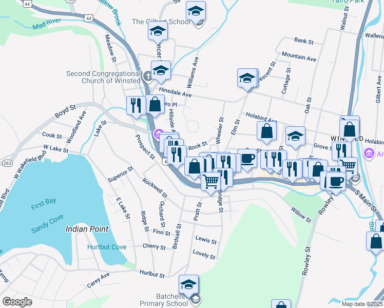 map of restaurants, bars, coffee shops, grocery stores, and more near 61 Rock Street in Winsted
