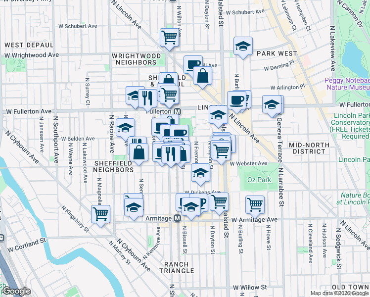 map of restaurants, bars, coffee shops, grocery stores, and more near 2254 North Bissell Street in Chicago