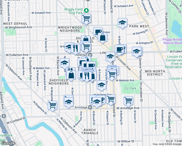 map of restaurants, bars, coffee shops, grocery stores, and more near 935 West Belden Avenue in Chicago